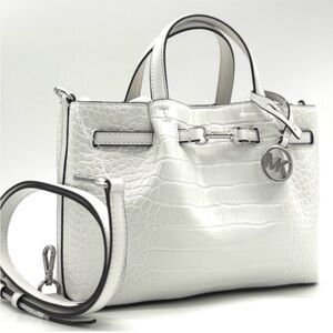 Michael Kors Carson Small Crocodile Embossed Satchel Bag Optic White Leather